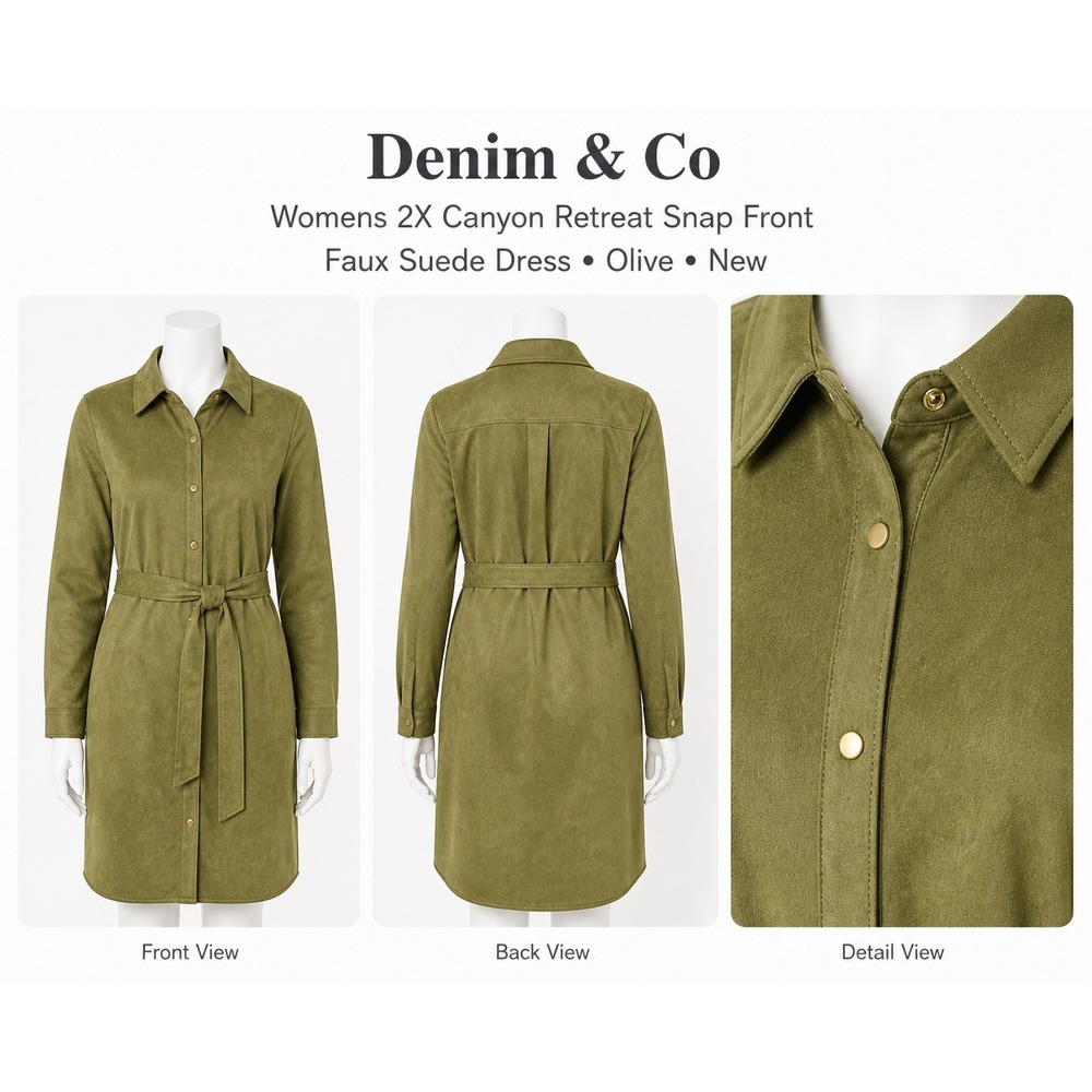Denim & Co Canyon Retreat Faux Suede Snap Front Belted Dress Desert Olive 2X NEW